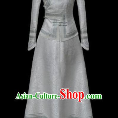 Traditional Chinese Mongol Ethnic Wedding White Dress Mongolian Minority Folk Dance Costume for Women