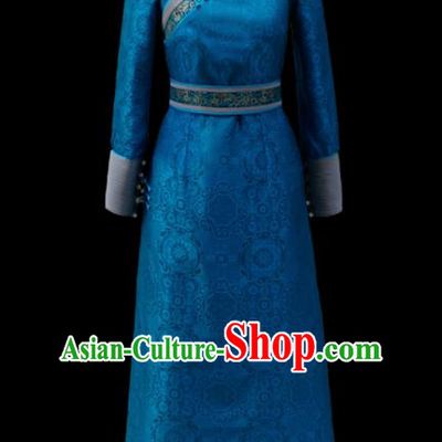 Traditional Chinese Mongol Ethnic National Blue Dress Mongolian Minority Folk Dance Costume for Women