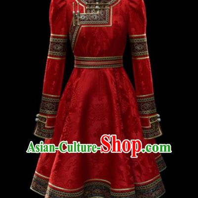 Traditional Chinese Mongol Ethnic National Red Dress Mongolian Minority Folk Dance Costume for Women