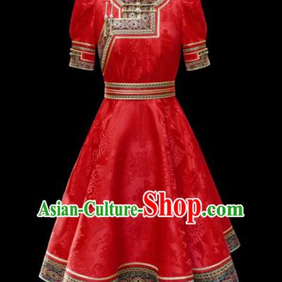 Traditional Chinese Mongol Ethnic National Red Brocade Dress Mongolian Minority Folk Dance Costume for Women