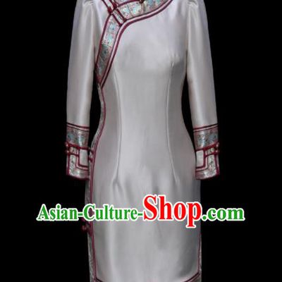 Traditional Chinese Mongol Ethnic National Grey Brocade Dress Mongolian Minority Folk Dance Costume for Women
