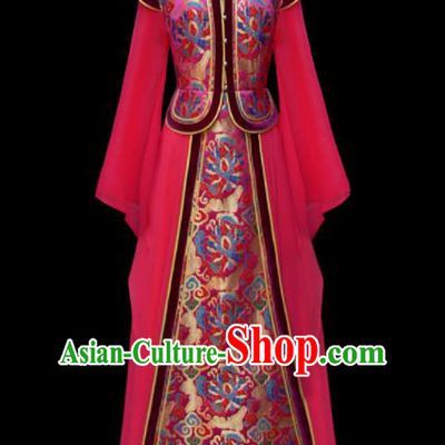 Traditional Chinese Mongol Ethnic National Rosy Brocade Dress Mongolian Minority Folk Dance Costume for Women