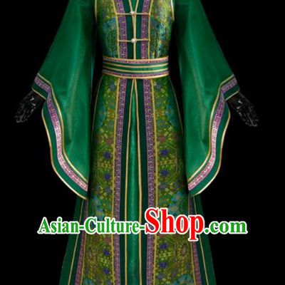 Traditional Chinese Mongol Ethnic National Green Brocade Dress Mongolian Minority Folk Dance Costume for Women