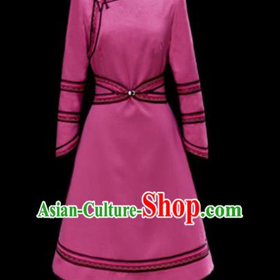 Traditional Chinese Mongol Ethnic Pink Dress Mongolian Minority Folk Dance Embroidered Costume for Women
