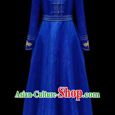 Traditional Chinese Mongol Ethnic Royalblue Dress Mongolian Minority Folk Dance Embroidered Costume for Women
