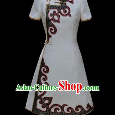 Traditional Chinese Mongol Ethnic National White Short Dress Mongolian Minority Folk Dance Costume for Women