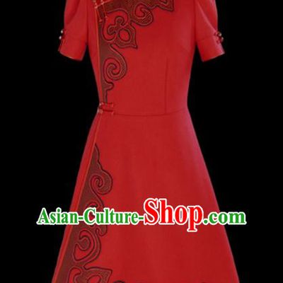 Traditional Chinese Mongol Ethnic National Red Short Dress Mongolian Minority Folk Dance Costume for Women