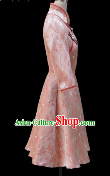 Traditional Chinese Mongol Ethnic National Pink Brocade Short Dress Mongolian Minority Folk Dance Costume for Women