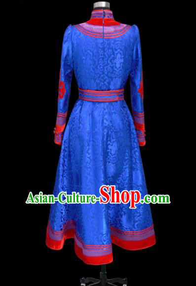 Traditional Chinese Mongol Ethnic National Royalblue Brocade Dress Mongolian Minority Folk Dance Costume for Women Traditional Chinese Mongol Ethnic National Royalblue Brocade Dress Mongolian Minority Folk Dance Costume for Women