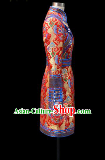 Traditional Chinese Mongol Ethnic National Red Brocade Dress Mongolian Minority Folk Dance Costume for Women Traditional Chinese Mongol Ethnic National Red Brocade Dress Mongolian Minority Folk Dance Costume for Women