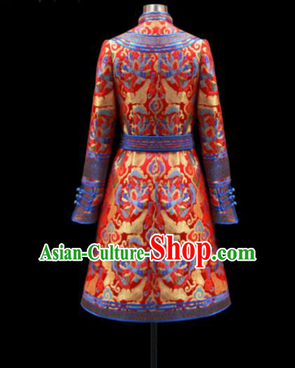 Traditional Chinese Mongol Ethnic National Red Brocade Dress Mongolian Minority Folk Dance Costume for Women Traditional Chinese Mongol Ethnic National Red Brocade Dress Mongolian Minority Folk Dance Costume for Women