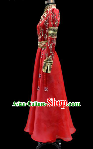 Traditional Chinese Mongol Ethnic National Red Long Dress Mongolian Minority Folk Dance Costume for Women