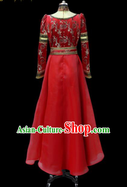 Traditional Chinese Mongol Ethnic National Red Long Dress Mongolian Minority Folk Dance Costume for Women