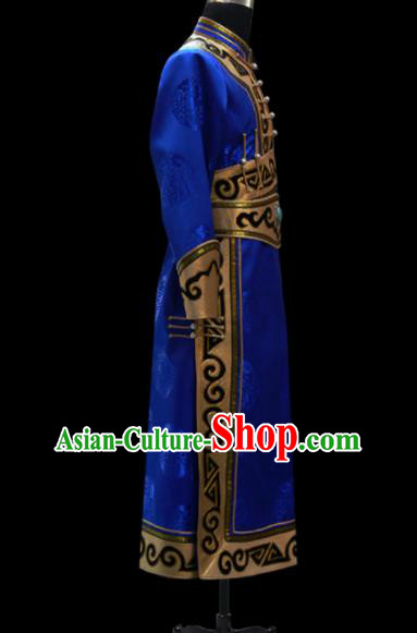 Chinese Traditional Mongol Ethnic National Royalblue Brocade Robe Mongolian Minority Folk Dance Costume for Men Chinese Traditional Mongol Ethnic National Royalblue Brocade Robe Mongolian Minority Folk Dance Costume for Men