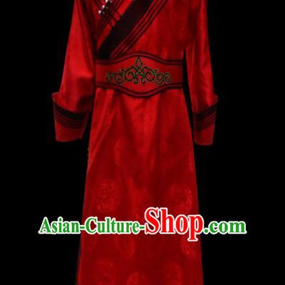 Chinese Traditional Mongol Ethnic National Red Brocade Robe Mongolian Minority Folk Dance Costume for Men
