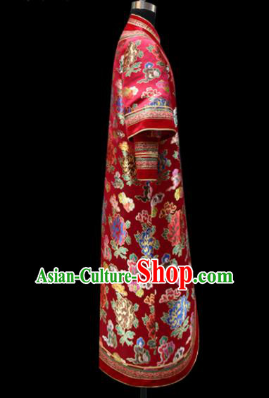 Chinese Traditional Mongol Ethnic National Wedding Red Brocade Robe Mongolian Minority Folk Dance Costume for Men Chinese Traditional Mongol Ethnic National Wedding Red Brocade Robe Mongolian Minority Folk Dance Costume for Men