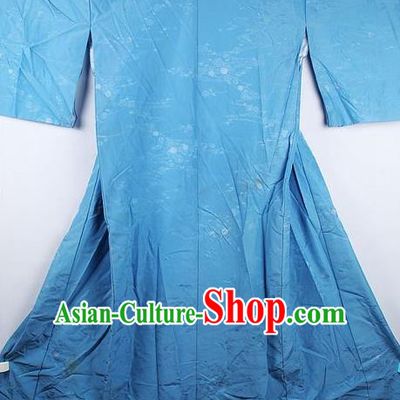 Traditional Japanese Geisha Blue Furisode Kimono Asian Japan National Yukata Dress Costume for Women