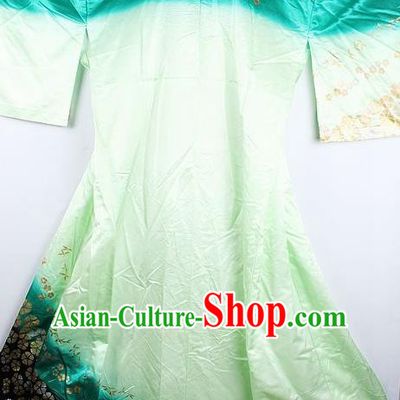 Japanese Traditional Geisha Printing Sakura Green Furisode Kimono Asian Japan National Yukata Dress Costume for Women