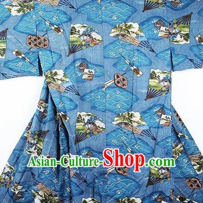 Japanese Traditional Printing Fans Blue Kimono Asian Japan National Costume for Men