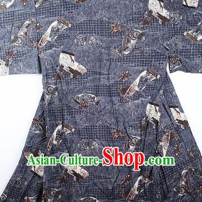 Japanese Traditional Printing Deep Grey Kimono Asian Japan National Yukata Costume for Men