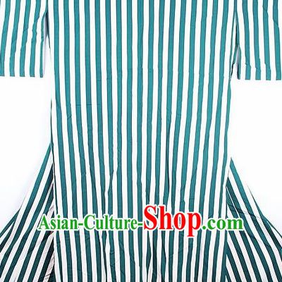 Japanese Traditional Green Stripe Furisode Kimono Asian Japan National Yukata Dress Costume for Women