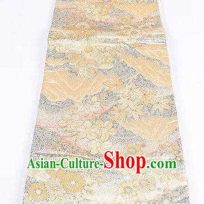 Japanese Traditional Kimono Classical Maple Leaf Chrysanthemum Pattern Golden Brocade Belt Asian Japan National Yukata Waistband for Women