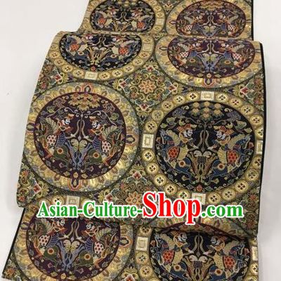 Japanese Traditional Kimono Classical Character Pattern Black Brocade Belt Asian Japan National Yukata Waistband for Women