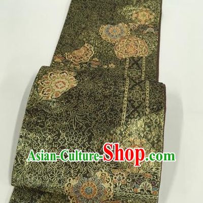 Japanese Traditional Kimono Classical Lotus Pattern Olive Green Brocade Belt Asian Japan National Yukata Waistband for Women