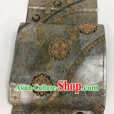 Japanese Traditional Kimono Classical Pattern Deep Grey Brocade Belt Asian Japan National Yukata Waistband for Women