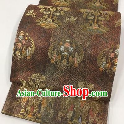 Japanese Traditional Kimono Classical Phoenix Pattern Brown Brocade Belt Asian Japan National Yukata Waistband for Women