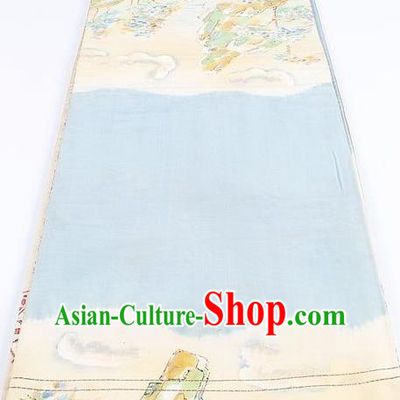 Japanese Traditional Kimono Classical Landscape Pattern Blue Brocade Belt Asian Japan National Yukata Waistband for Women