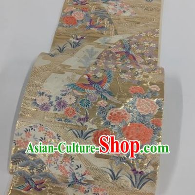 Japanese Traditional Kimono Classical Peony Chrysanthemum Pattern Golden Brocade Belt Asian Japan National Yukata Waistband for Women