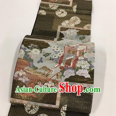 Japanese Traditional Kimono Classical Orchid Peony Pattern Black Brocade Belt Asian Japan National Yukata Waistband for Women