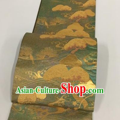 Japanese Traditional Kimono Classical Tree Pattern Green Brocade Belt Asian Japan National Yukata Waistband for Women