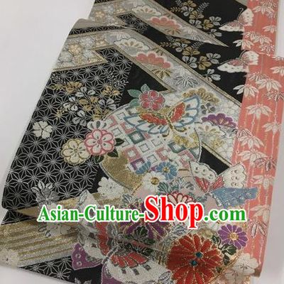 Japanese Kimono Traditional Chrysanthemum Butterfly Pattern Black Brocade Belt Asian Japan National Yukata Waistband for Women