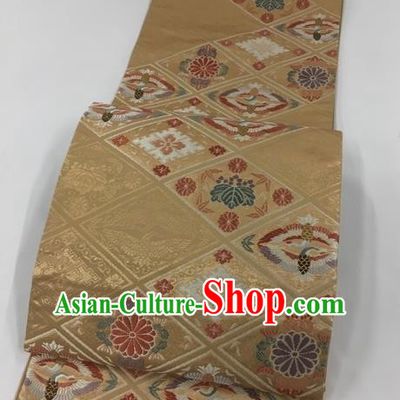 Japanese Kimono Classical Chrysanthemum Crane Pattern Golden Brocade Belt Asian Japan Traditional National Yukata Waistband for Women