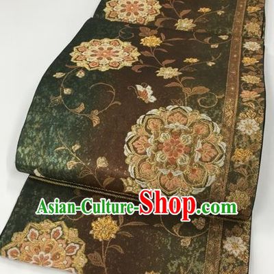 Japanese Kimono Classical Hibiscus Pattern Brown Brocade Belt Asian Japan Traditional National Yukata Waistband for Women