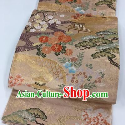 Japanese Kimono Classical Chrysanthemum Pattern Champagne Brocade Belt Asian Japan Traditional National Yukata Waistband for Women