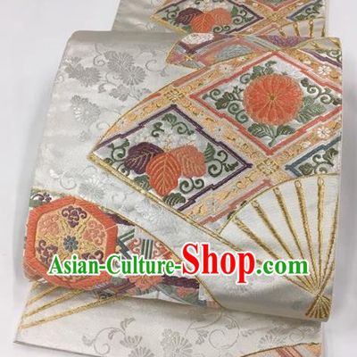 Japanese Kimono Classical Chrysanthemum Pattern Argent Brocade Belt Asian Japan Traditional National Yukata Waistband for Women