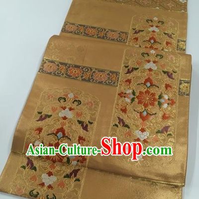 Japanese Kimono Classical Flowers Pattern Golden Brocade Belt Asian Japan Traditional National Yukata Waistband for Women