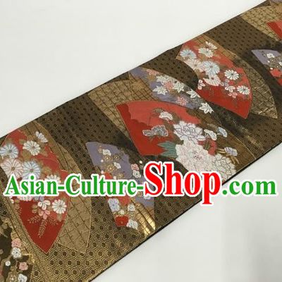 Japanese Kimono Classical Chrysanthemum Fan Pattern Brown Brocade Belt Asian Japan Traditional National Yukata Waistband for Women