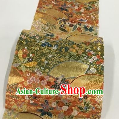 Japanese Kimono Classical Butterfly Flowers Pattern Golden Brocade Belt Asian Japan Traditional National Yukata Waistband for Women