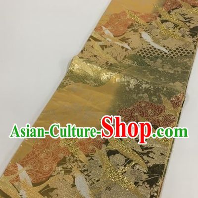 Japanese Kimono Classical Cranes Pattern Golden Brocade Belt Asian Japan Traditional National Yukata Waistband for Women