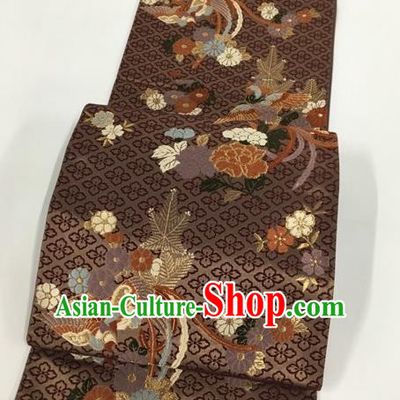 Japanese Kimono Classical Phoenix Peony Pattern Brown Brocade Belt Asian Japan Traditional National Yukata Waistband for Women