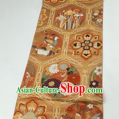 Japanese Kimono Classical Mandarin Duck Chrysanthemum Pattern Golden Brocade Belt Asian Japan Traditional National Yukata Waistband for Women
