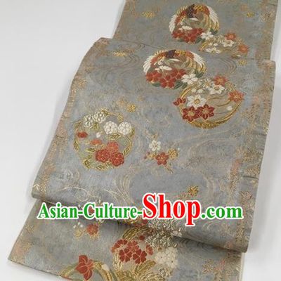 Japanese Kimono Classical Crane Sakura Pattern Grey Brocade Belt Asian Japan Traditional National Yukata Waistband for Women