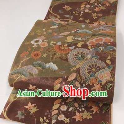 Japanese Kimono Classical Maple Leaf Pattern Purplish Red Brocade Belt Asian Japan Traditional National Yukata Waistband for Women