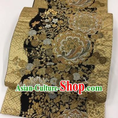 Japanese Kimono Classical Phoenix Peony Pattern Golden Brocade Belt Asian Japan Traditional National Yukata Waistband for Women