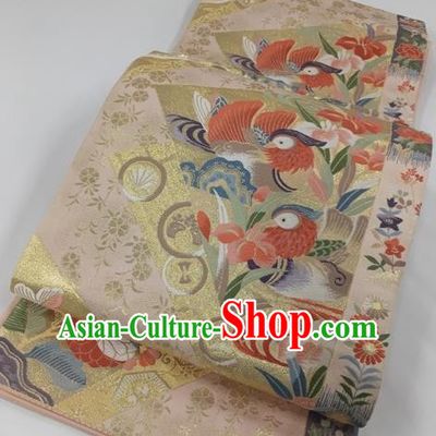 Japanese Kimono Classical Mandarin Duck Pattern Pink Brocade Belt Asian Japan Traditional National Yukata Waistband for Women