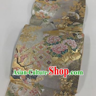 Japanese Kimono Classical Plum Peony Pattern Grey Brocade Belt Asian Japan Traditional National Yukata Waistband for Women